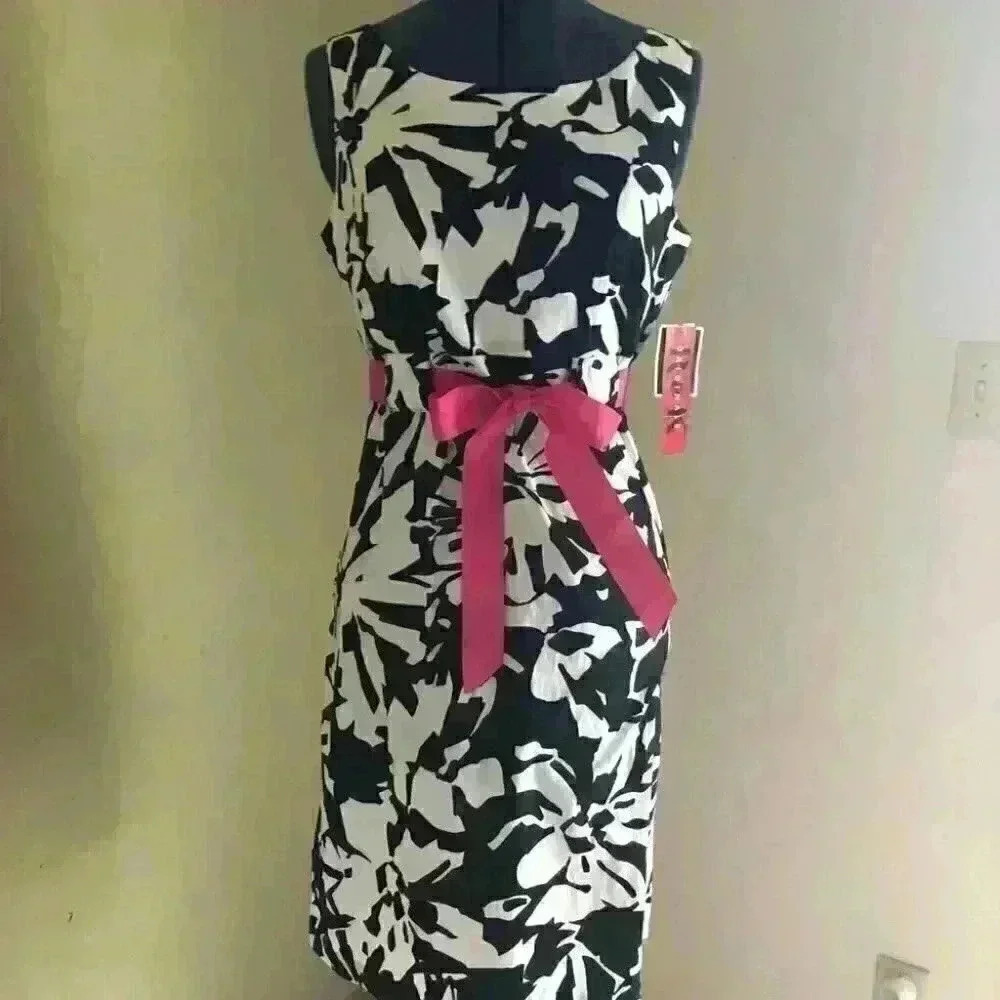 vtg R & K deadstock black and white flowers pink sachet dress labeled womens 6 - Picture 3 of 7
